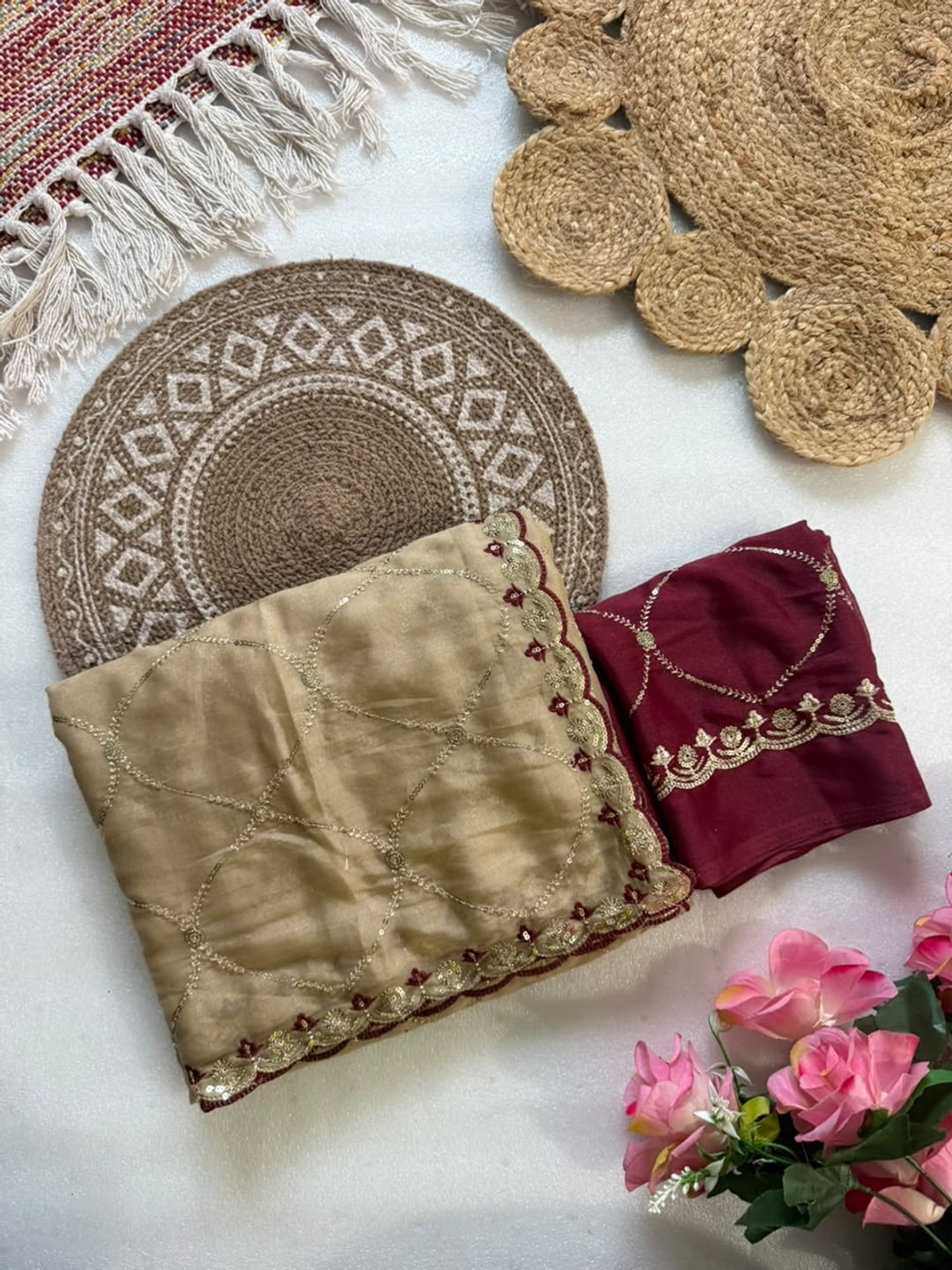 Peachmode Beige Embroidered Sequins Star Georgette Saree - Image 5