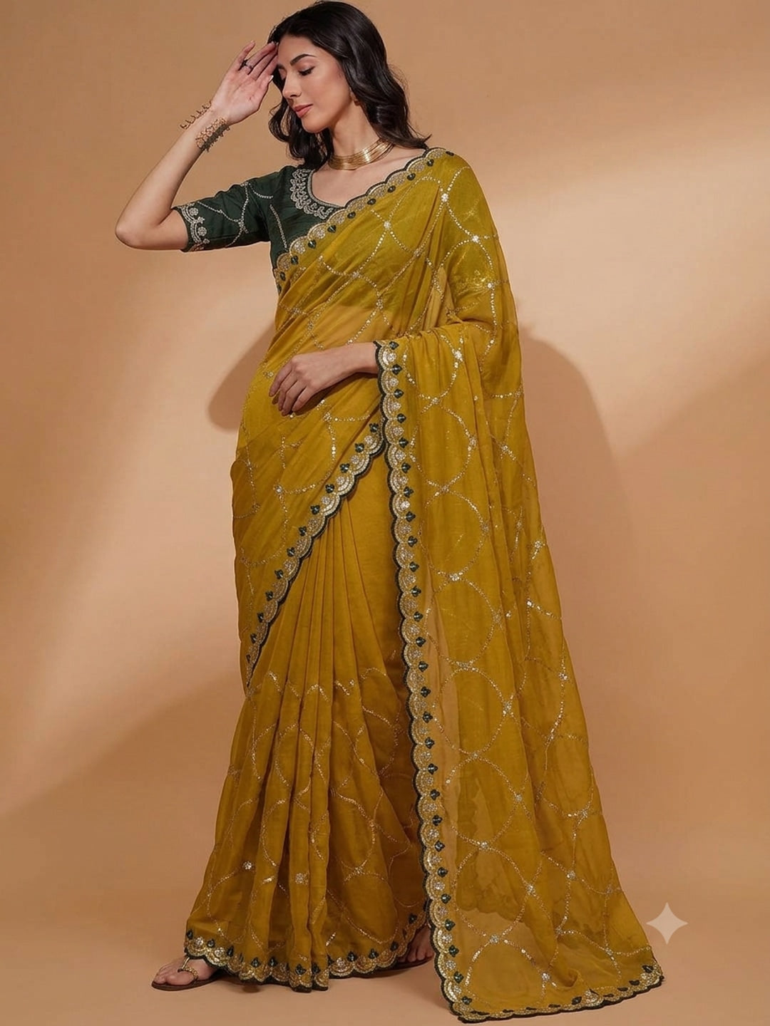 Peachmode Mustard Embroidered Sequins Star Georgette Saree - Image 1