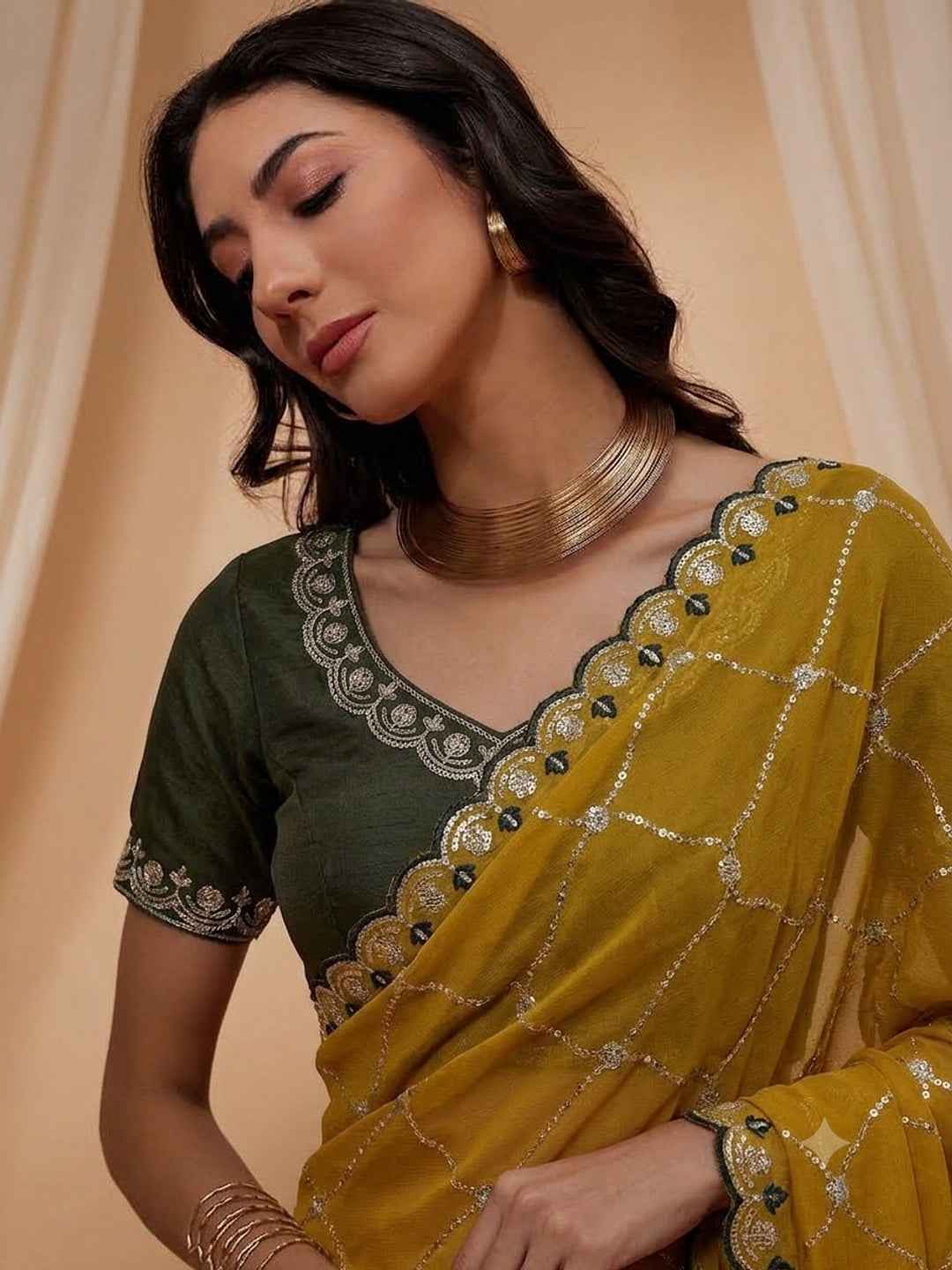 Peachmode Mustard Embroidered Sequins Star Georgette Saree - Image 2