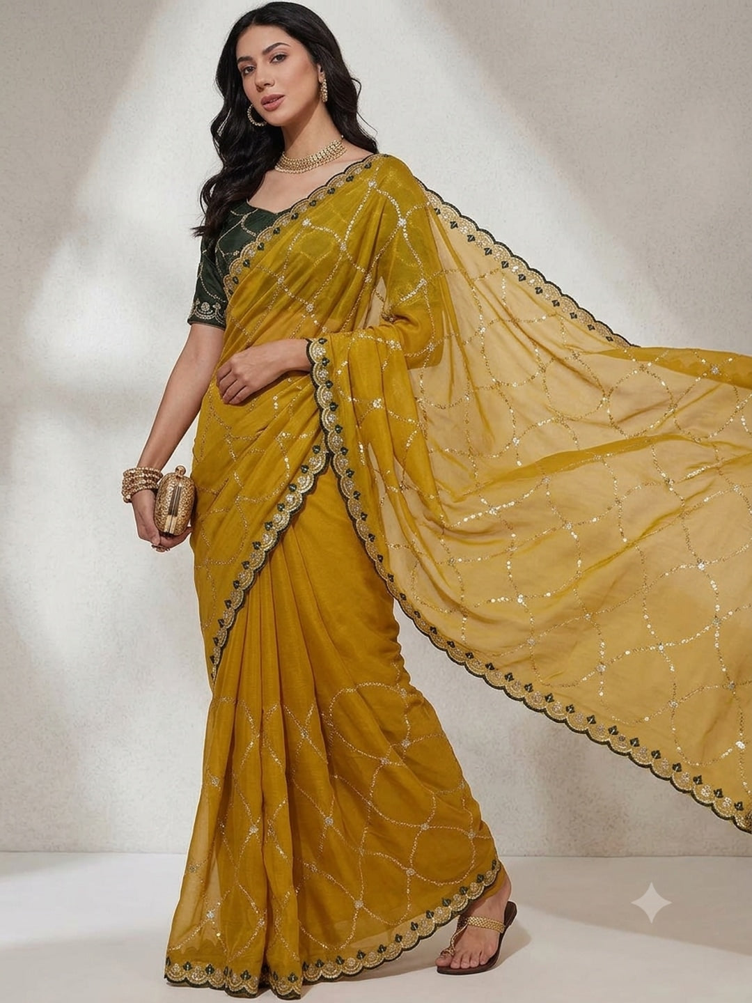 Peachmode Mustard Embroidered Sequins Star Georgette Saree - Image 4