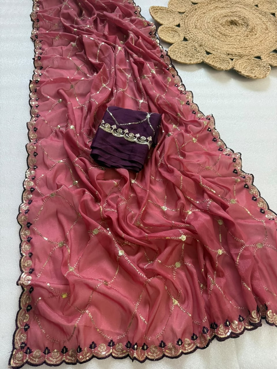 Peachmode Dusty Pink Embroidered Sequins Star Georgette Saree - Image 2