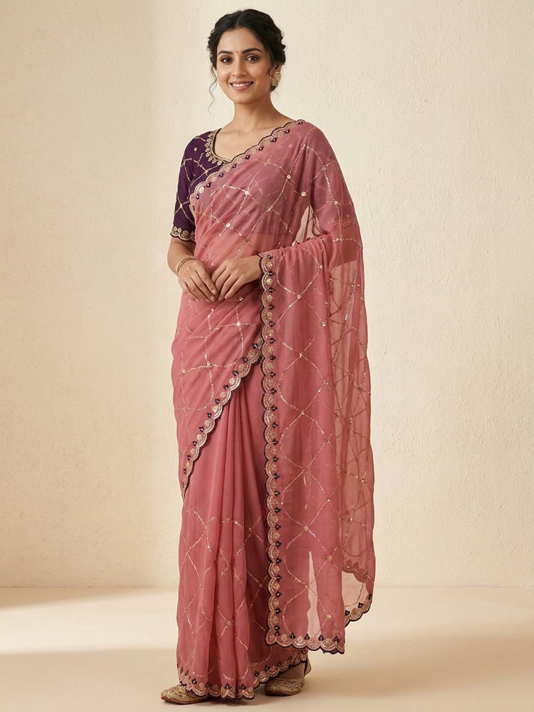 Peachmode Dusty Pink Embroidered Sequins Star Georgette Saree - Image 1