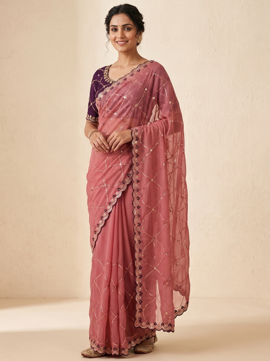 Peachmode Dusty Pink Embroidered Sequins Star Georgette Saree - Image 3