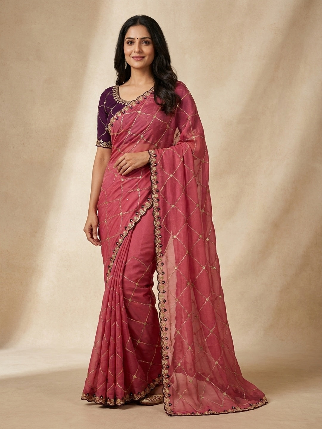 Peachmode Rani Pink Embroidered Sequins Star Georgette Saree - Image 1