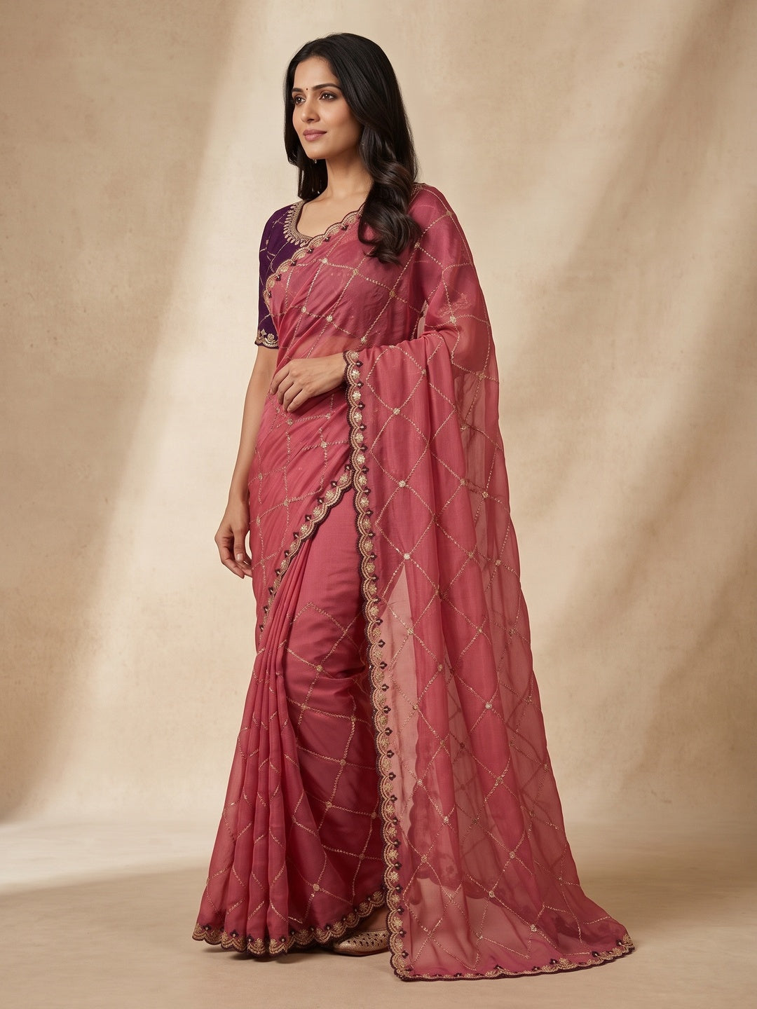 Peachmode Rani Pink Embroidered Sequins Star Georgette Saree - Image 4