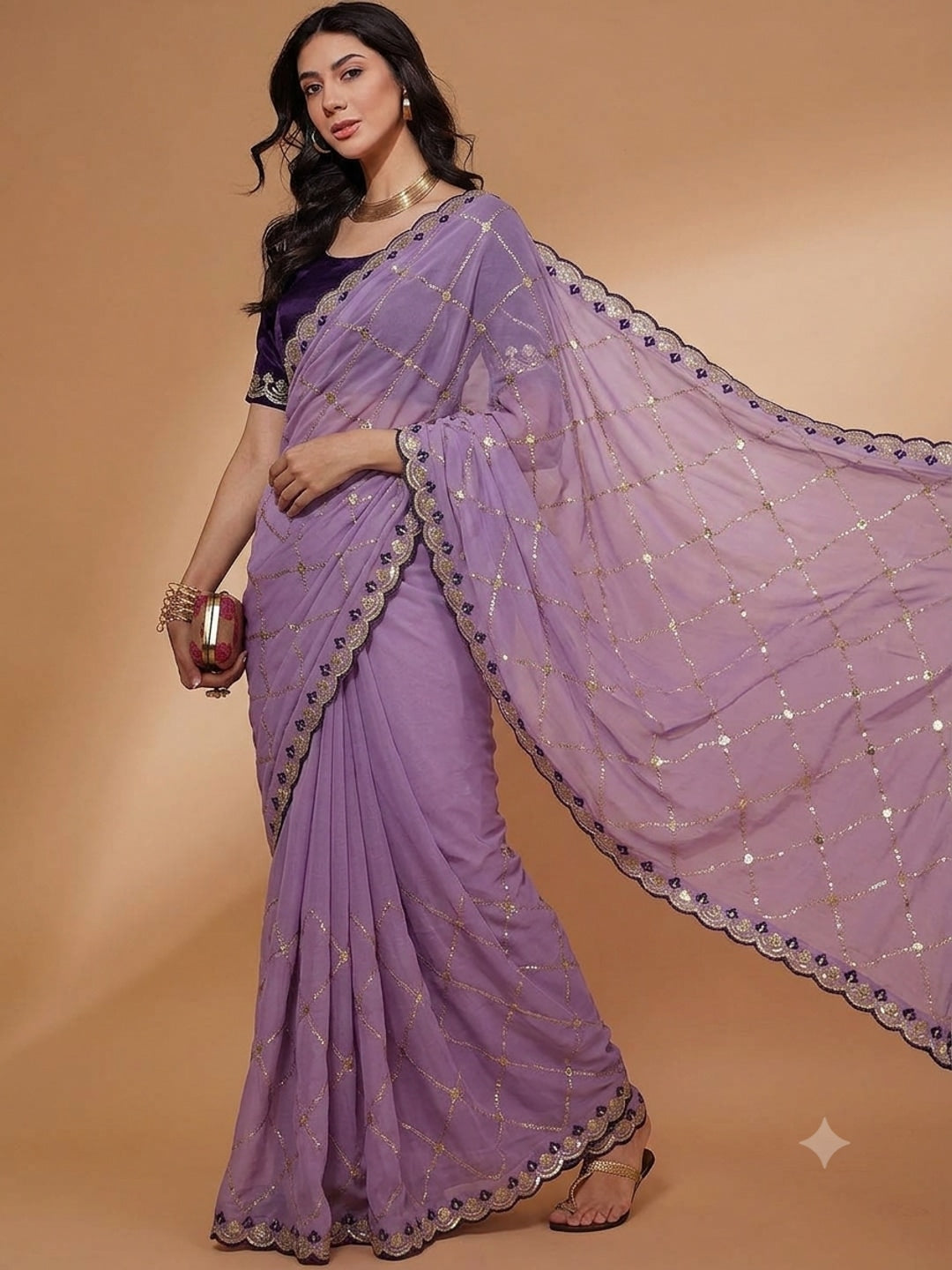 Peachmode Lavender Embroidered Sequins Star Georgette Saree - Image 1