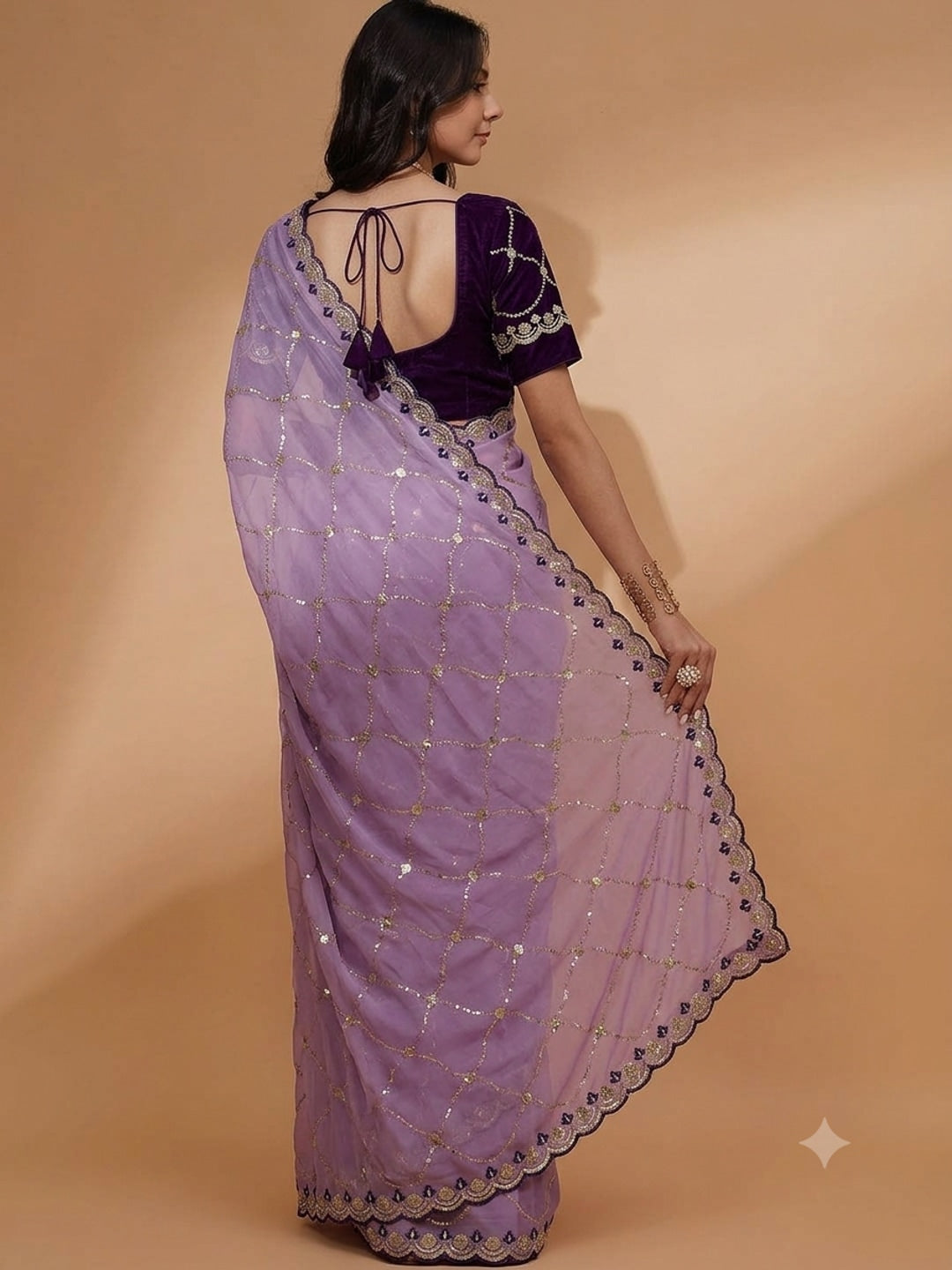 Peachmode Lavender Embroidered Sequins Star Georgette Saree - Image 3