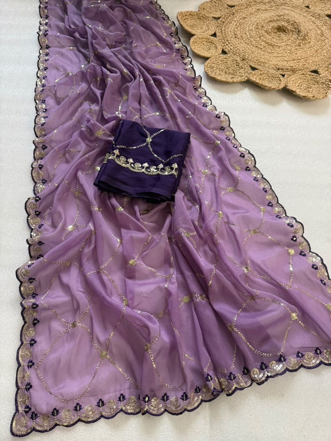 Peachmode Lavender Embroidered Sequins Star Georgette Saree - Image 6