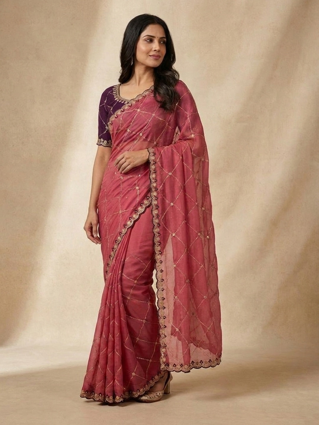 Peachmode Rani Pink Embroidered Sequins Star Georgette Saree - Image 5