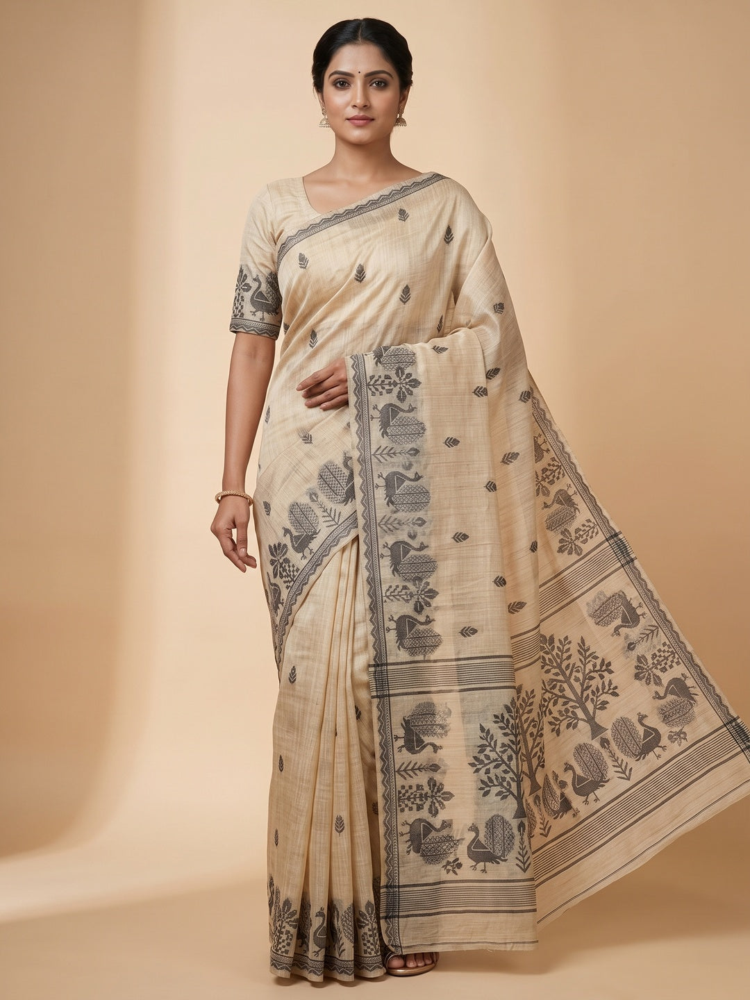 Peachmode Natural Cream Black Cotton Blend Jamdani Saree - Image 4