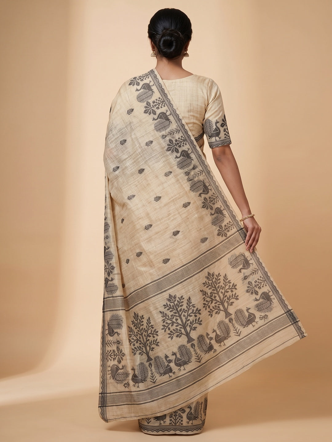 Peachmode Natural Cream Black Cotton Blend Jamdani Saree - Image 5