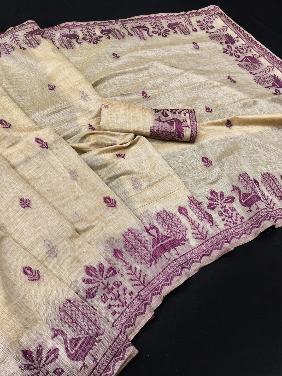 Peachmode Natural Cream Purple Cotton Blend Jamdani Saree - Image 2