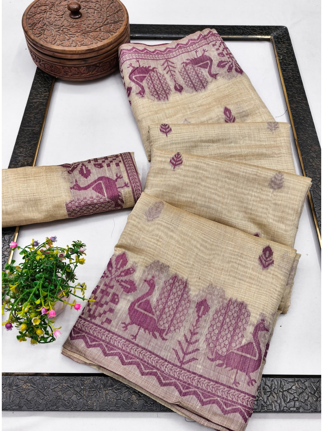 Peachmode Natural Cream Purple Cotton Blend Jamdani Saree - Image 3