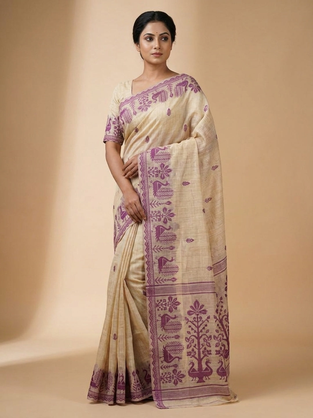 Peachmode Natural Cream Purple Cotton Blend Jamdani Saree - Image 1