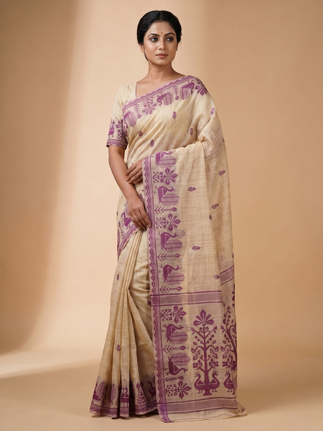 Peachmode Natural Cream Purple Cotton Blend Jamdani Saree - Image 4
