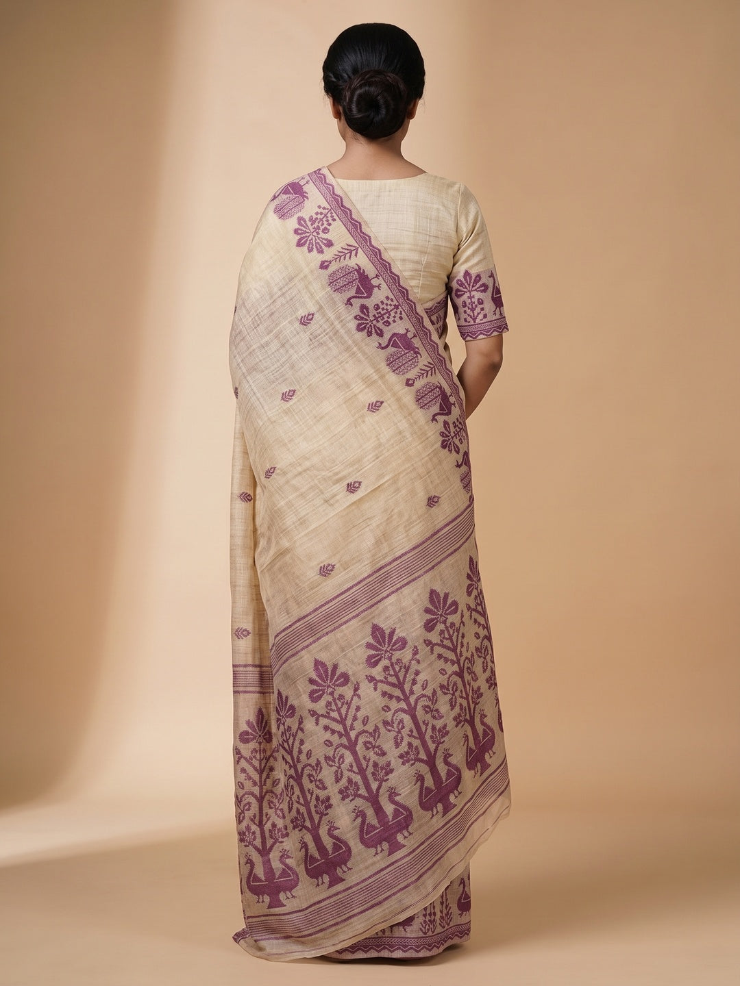 Peachmode Natural Cream Purple Cotton Blend Jamdani Saree - Image 5