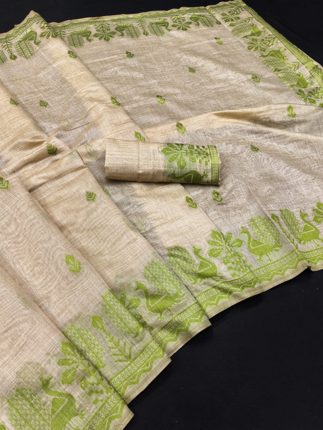 Peachmode Natural Cream Lime Green Cotton Blend Jamdani Saree - Image 2