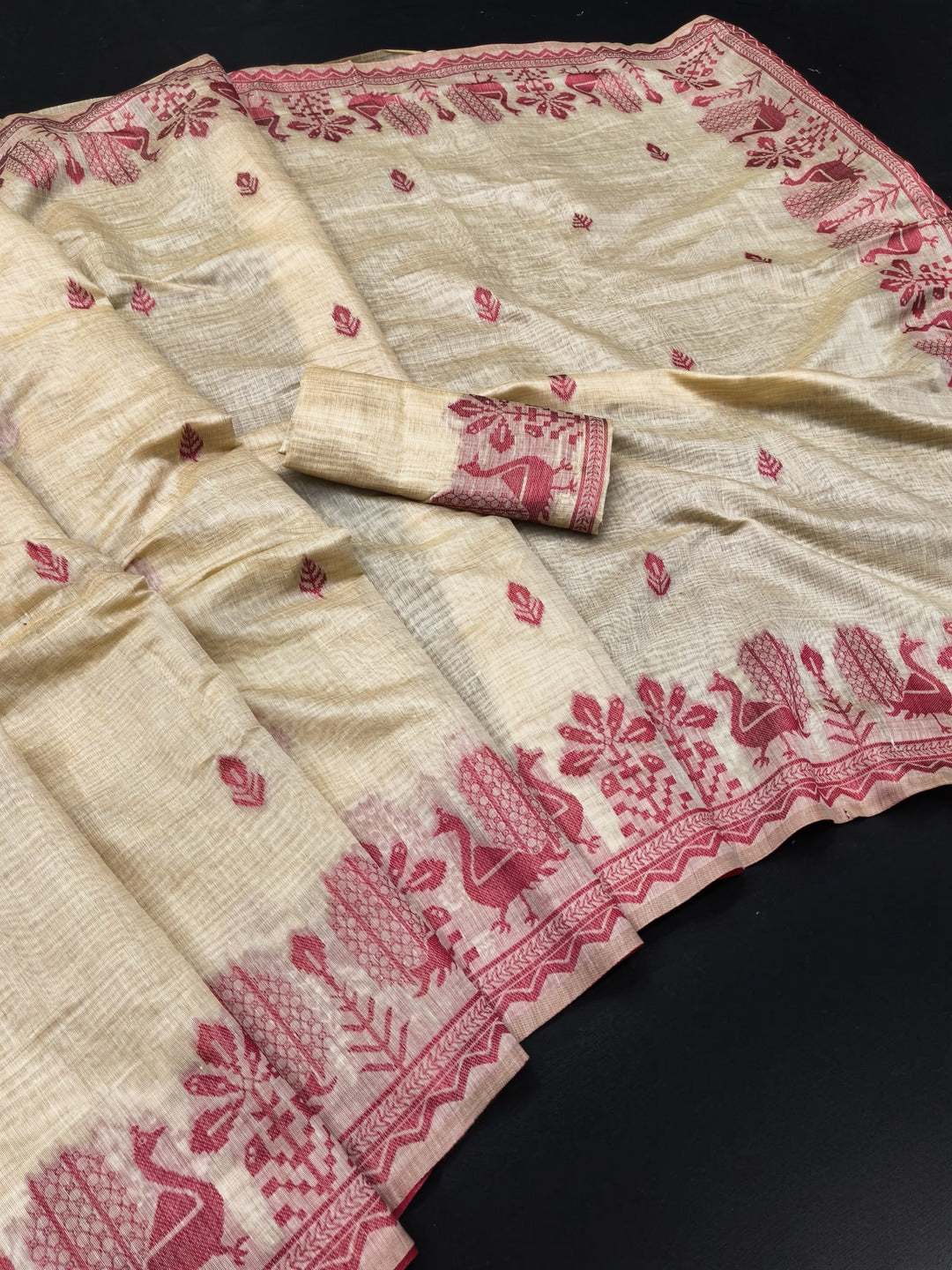 Peachmode Natural Cream Rani Pink Cotton Blend Jamdani Saree - Image 2