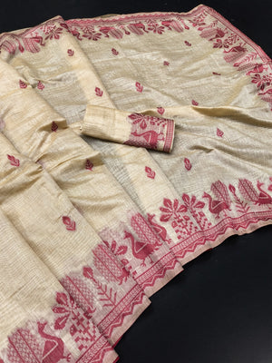 Peachmode Natural Cream Rani Pink Cotton Blend Jamdani Saree - Image 2