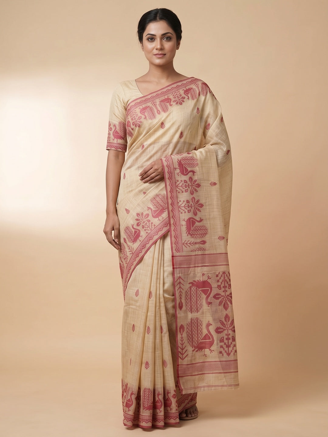 Peachmode Natural Cream Rani Pink Cotton Blend Jamdani Saree - Image 4