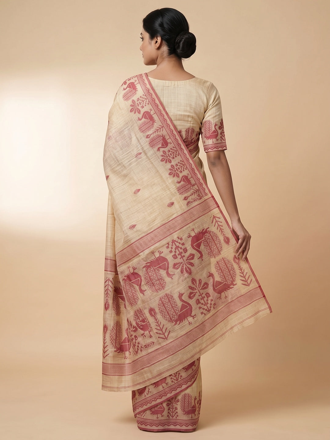 Peachmode Natural Cream Rani Pink Cotton Blend Jamdani Saree - Image 5