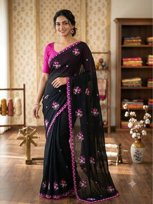 Peachmode Black Floral Embroidered Star Georgette Saree - Image 1