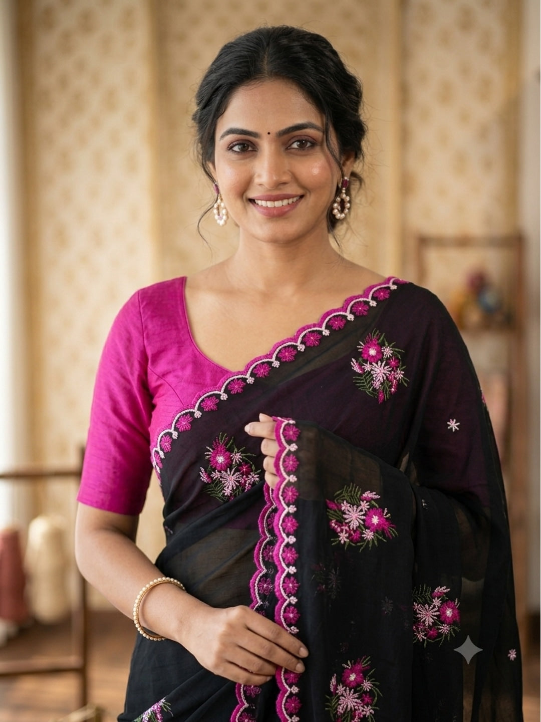 Peachmode Black Floral Embroidered Star Georgette Saree - Image 3