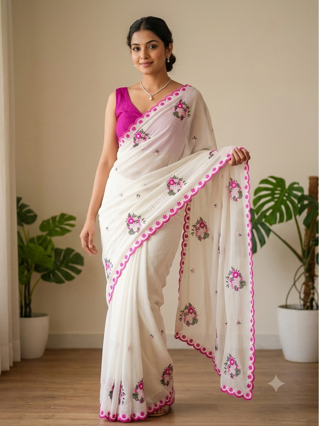Peachmode White Floral Embroidered Star Georgette Saree - Image 1