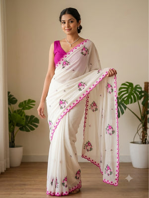 Peachmode White Floral Embroidered Star Georgette Saree - Image 1