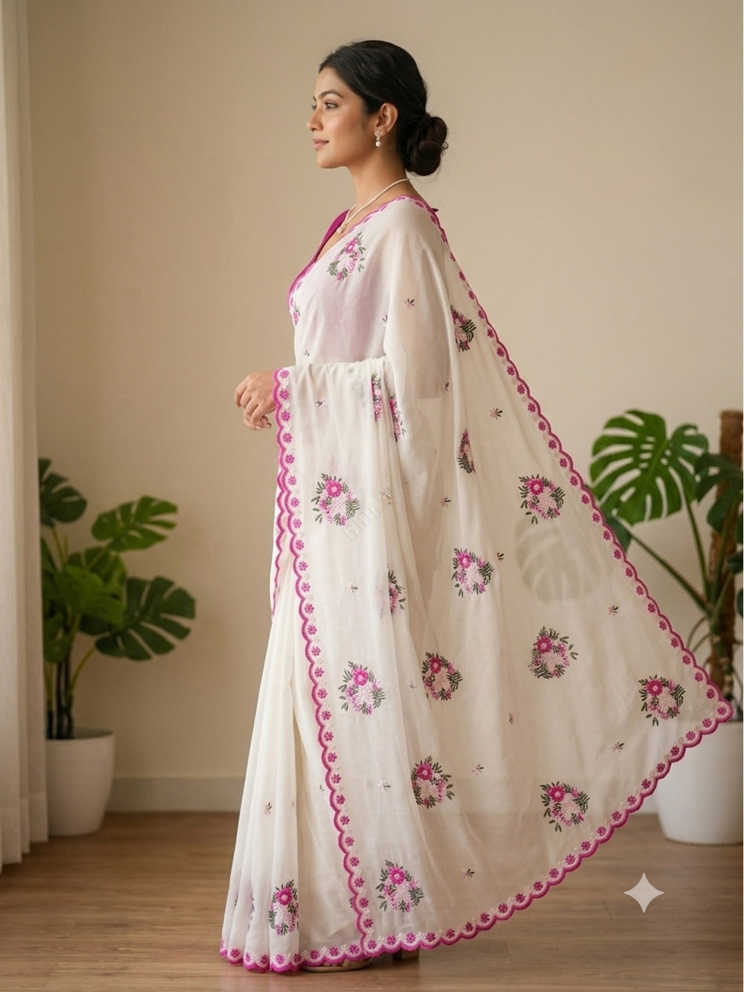 Peachmode White Floral Embroidered Star Georgette Saree - Image 2
