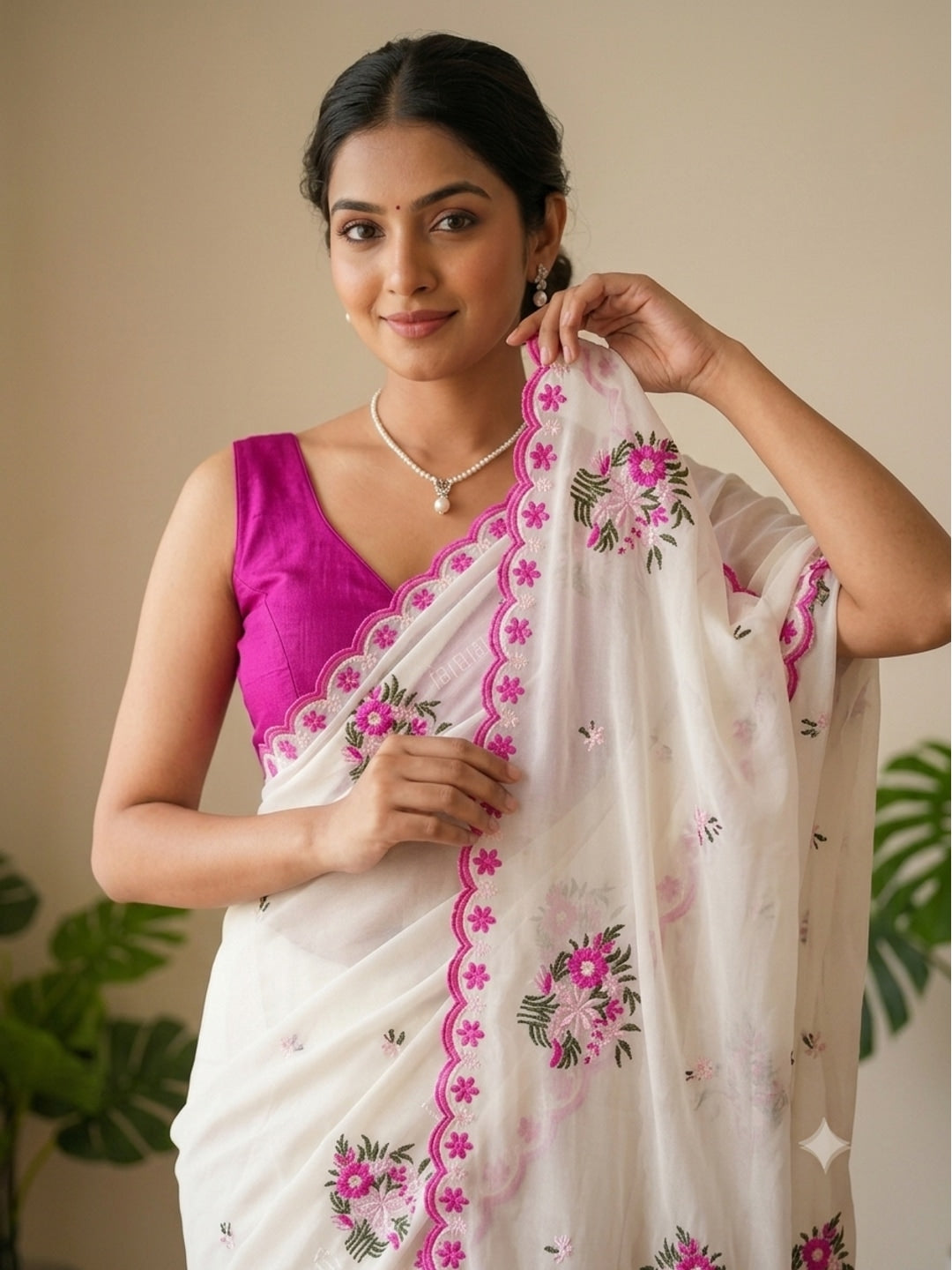Peachmode White Floral Embroidered Star Georgette Saree - Image 3
