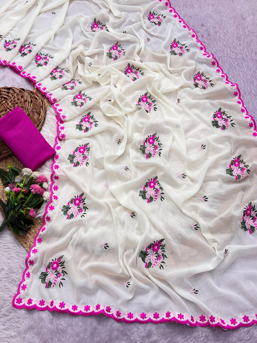 Peachmode White Floral Embroidered Star Georgette Saree - Image 5