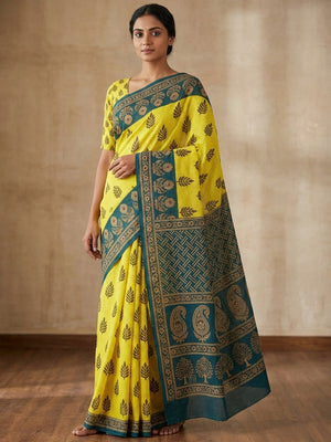 Peachmode Yellow Ajrak Printed Mul Cotton Saree - Image 1