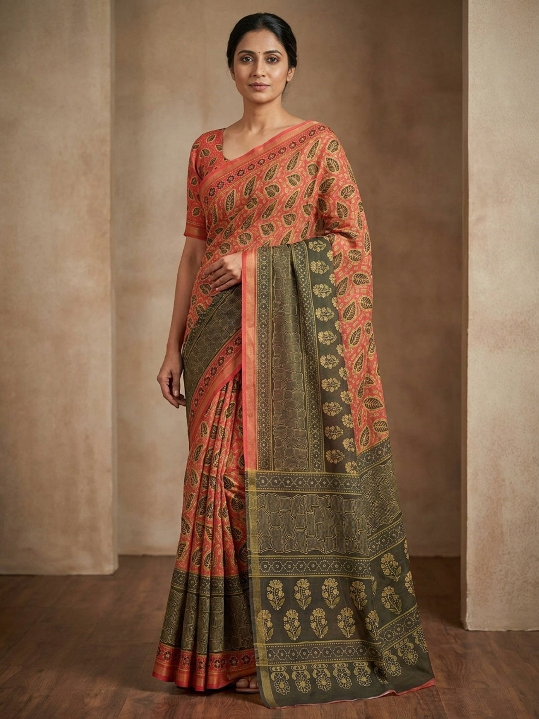 Peachmode Pink Ajrak Printed Mul Cotton Saree - Image 1