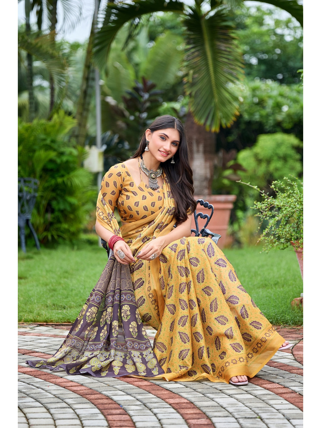 Peachmode Mustard Ajrak Printed Mul Cotton Saree - Image 2