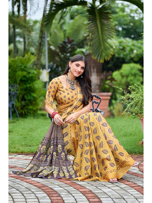 Peachmode Mustard Ajrak Printed Mul Cotton Saree - Image 2