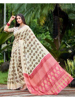 Peachmode White Ajrak Printed Mul Cotton Saree - Image 1