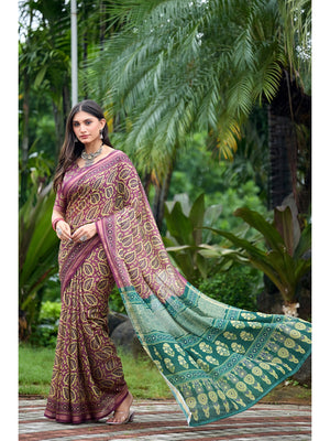 Peachmode Wine Ajrak Printed Mul Cotton Saree - Image 2