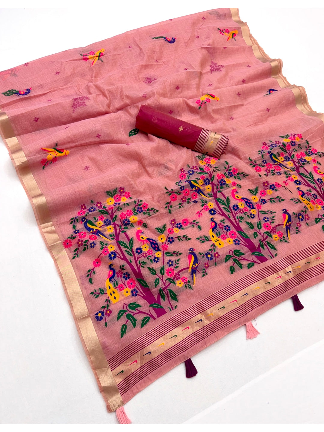 Peachmode Pink Jamdani Woven Silk Cotton Blend Saree - Image 3