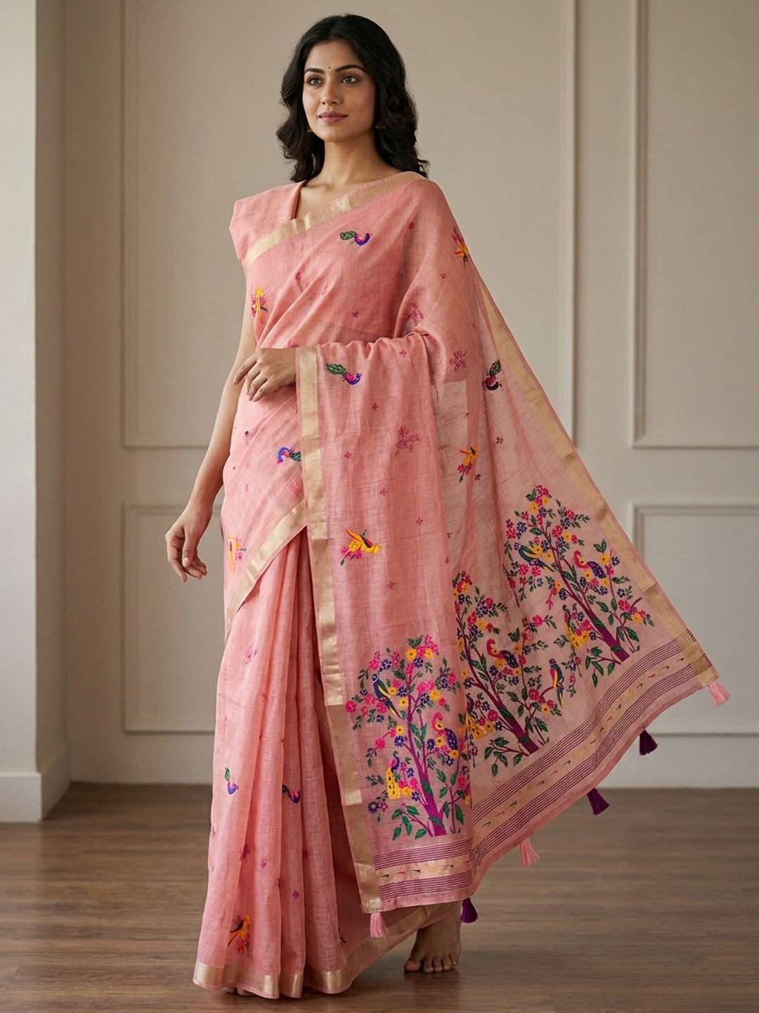 Peachmode Pink Jamdani Woven Silk Cotton Blend Saree - Image 1