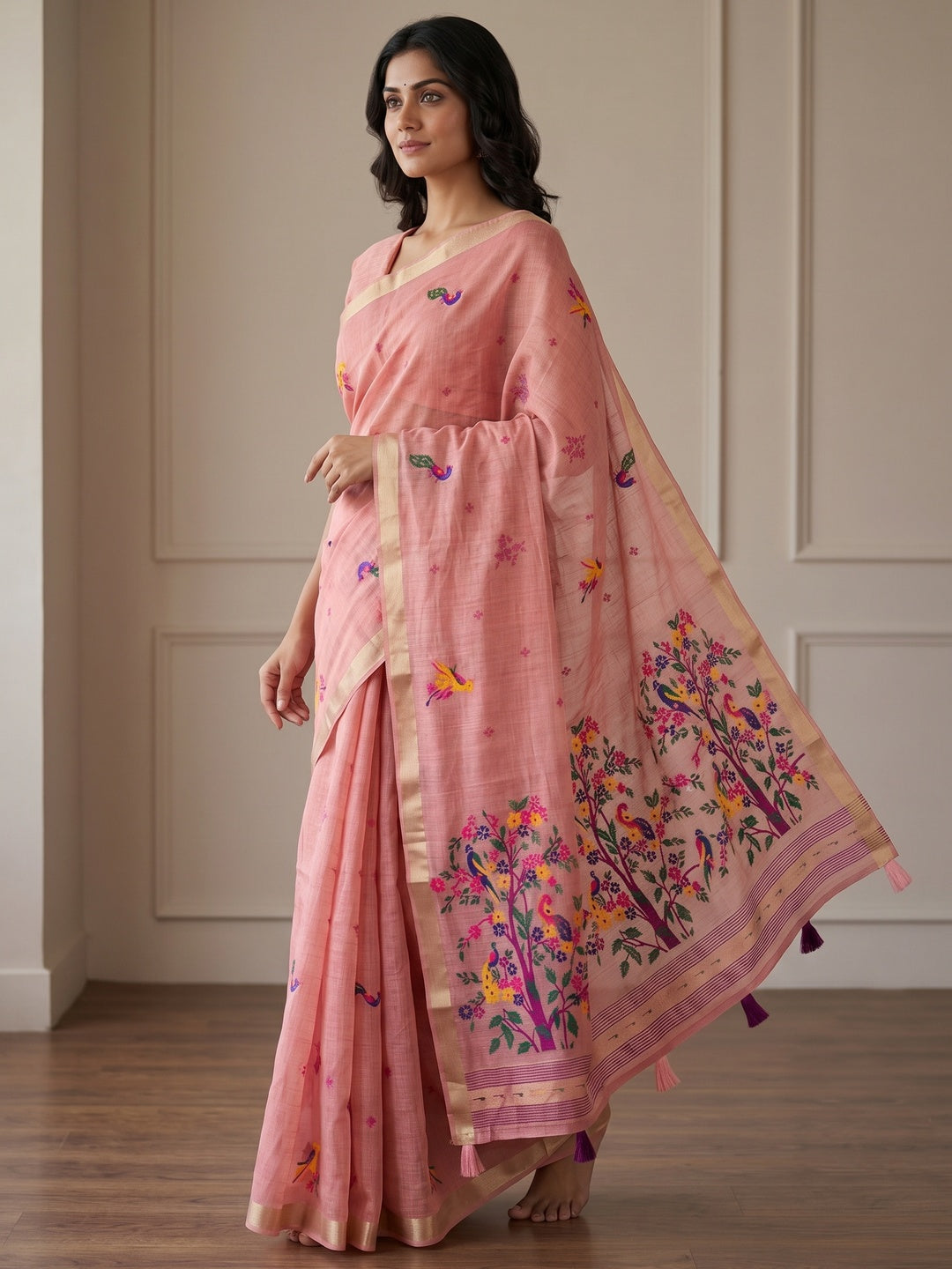 Peachmode Pink Jamdani Woven Silk Cotton Blend Saree - Image 4