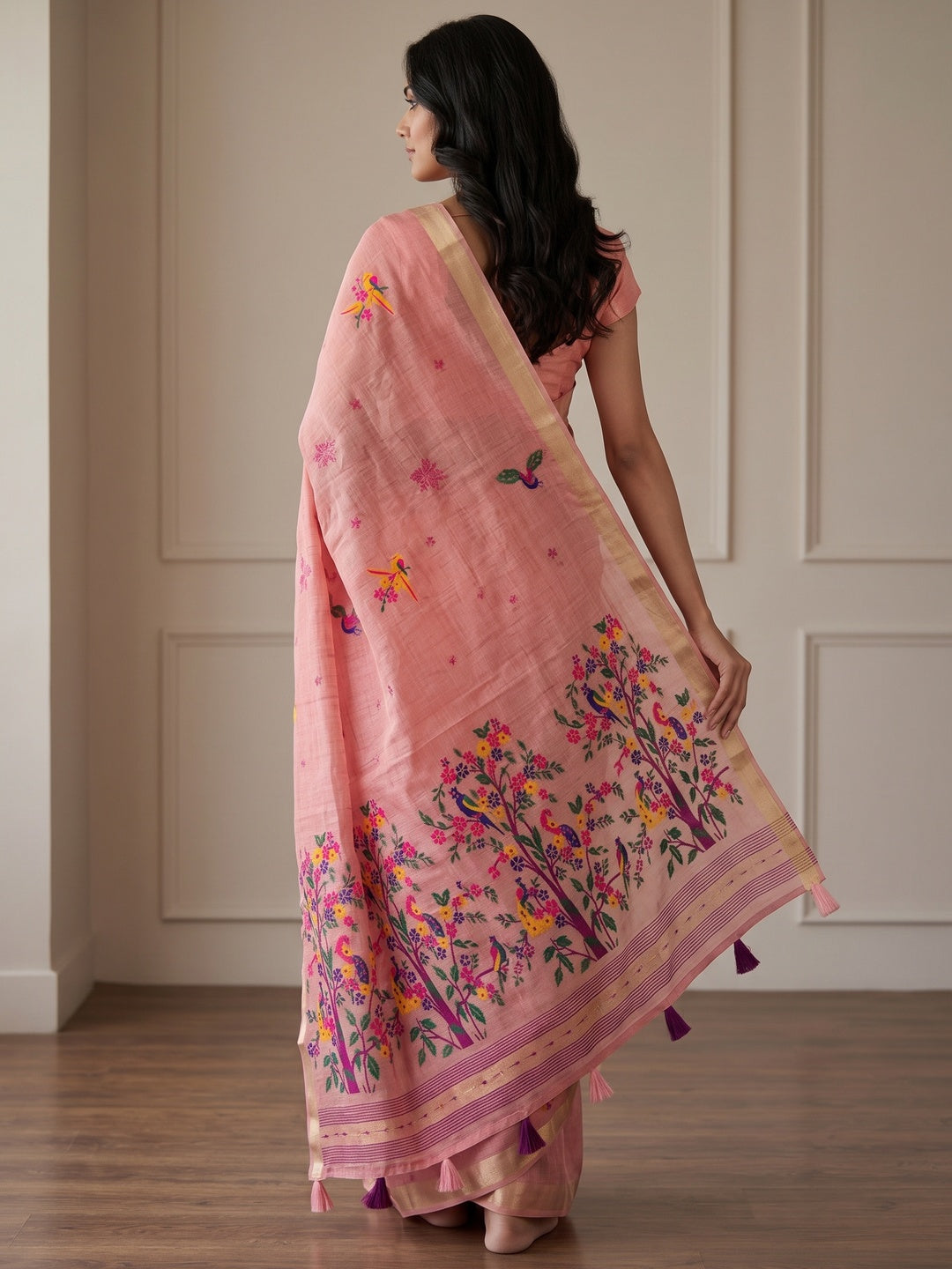 Peachmode Pink Jamdani Woven Silk Cotton Blend Saree - Image 5