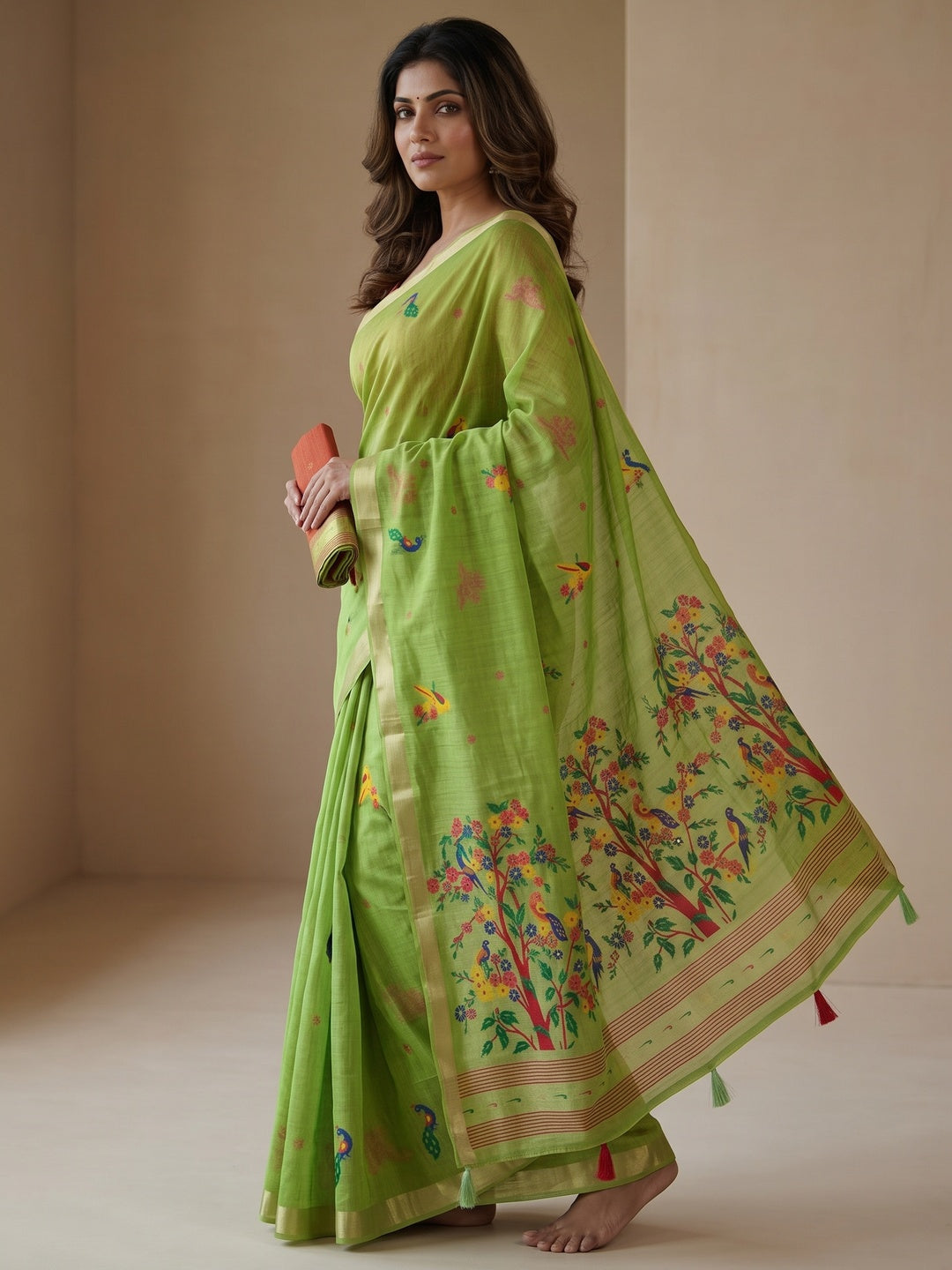 Peachmode Green Jamdani Woven Silk Cotton Blend Saree - Image 4