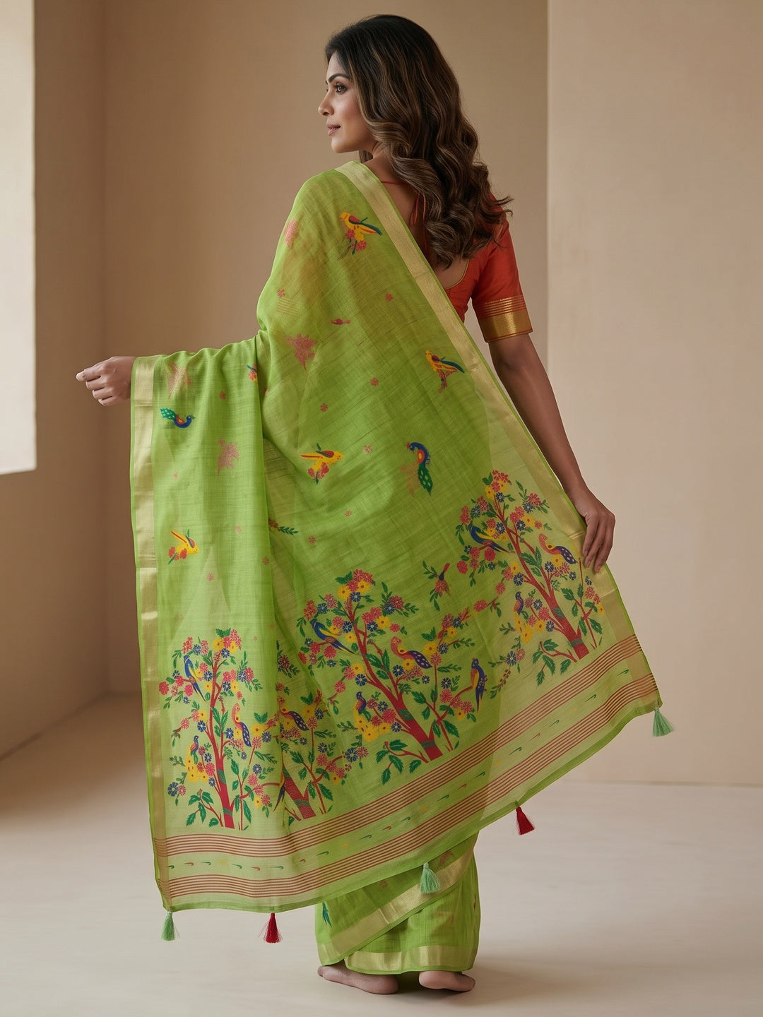 Peachmode Green Jamdani Woven Silk Cotton Blend Saree - Image 5