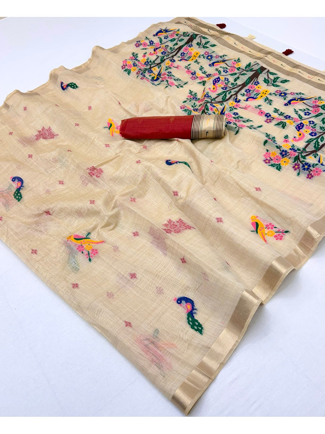 Peachmode Cream Jamdani Woven Silk Cotton Blend Saree - Image 2
