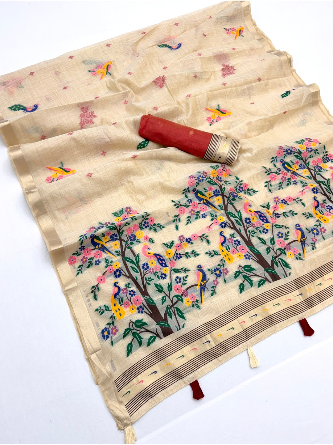 Peachmode Cream Jamdani Woven Silk Cotton Blend Saree - Image 3
