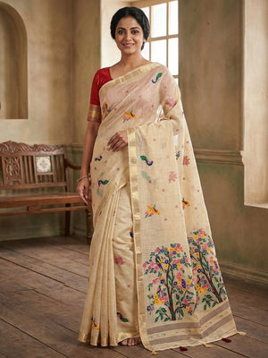Peachmode Cream Jamdani Woven Silk Cotton Blend Saree - Image 1