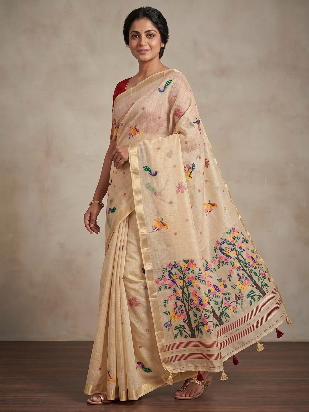 Peachmode Cream Jamdani Woven Silk Cotton Blend Saree - Image 4