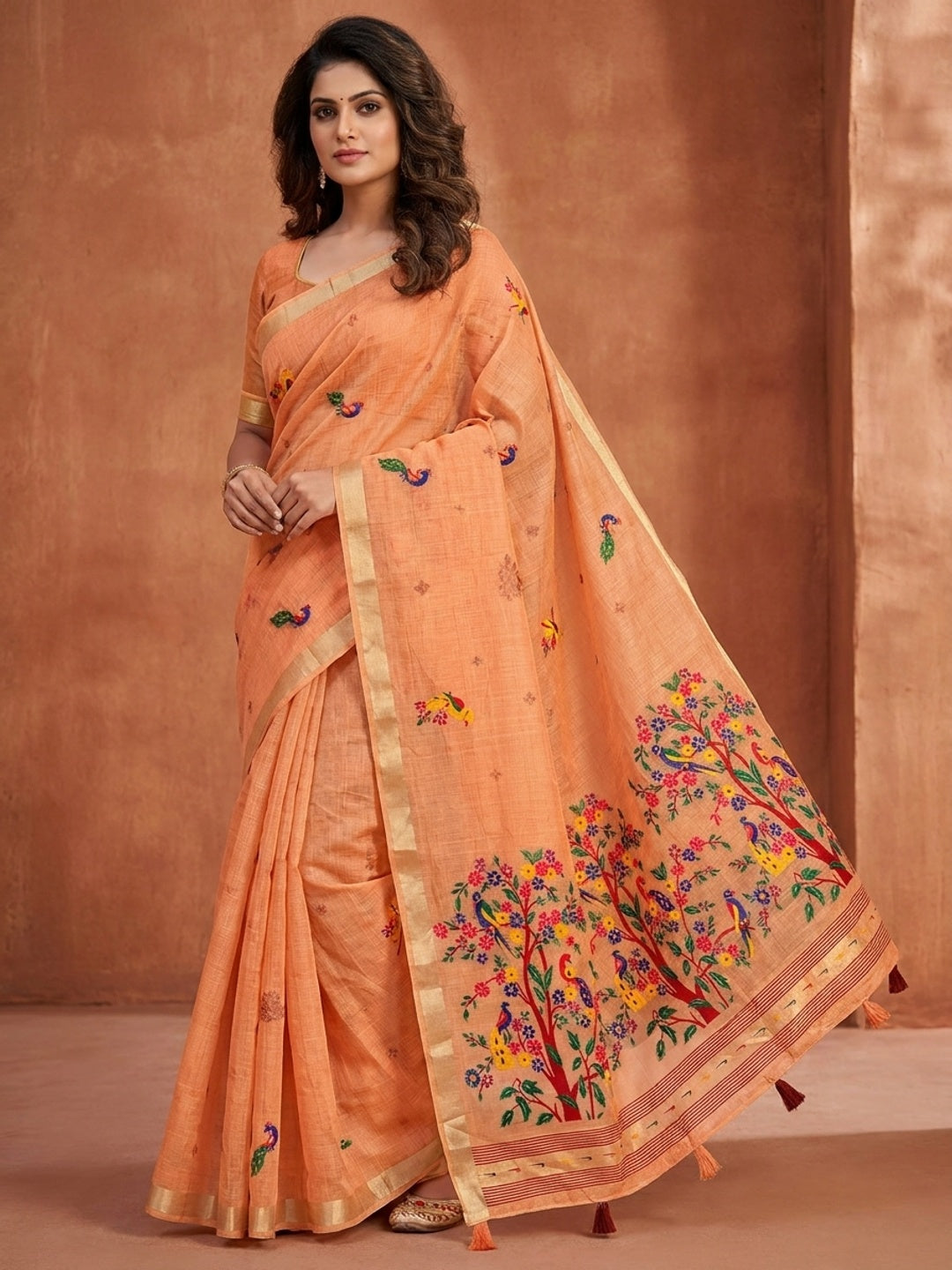 Peachmode Peach Jamdani Woven Silk Cotton Blend Saree - Image 1