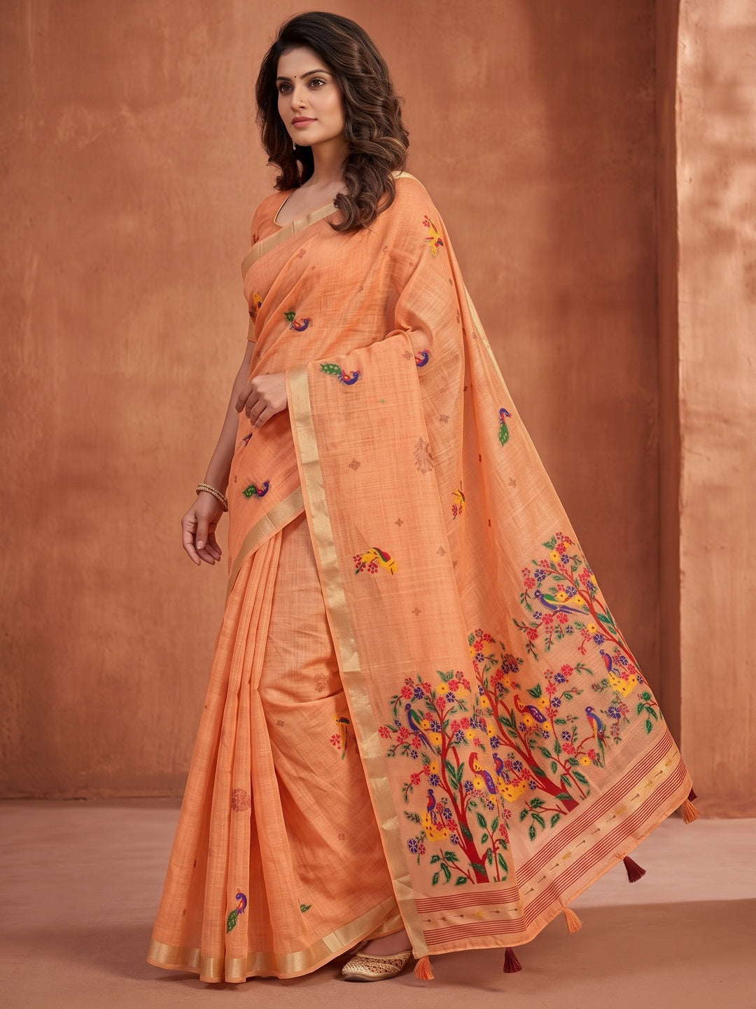 Peachmode Peach Jamdani Woven Silk Cotton Blend Saree - Image 4